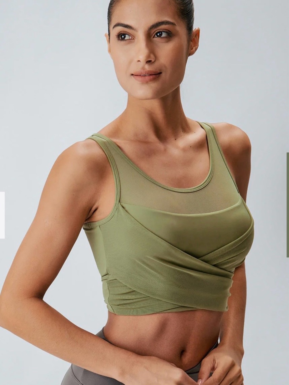 Green Mesh Cross-Front Tank Top - Light Support